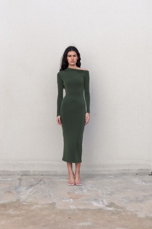 VESTIDO CAQUI ASIMETRICO MIDI - Imagen 5