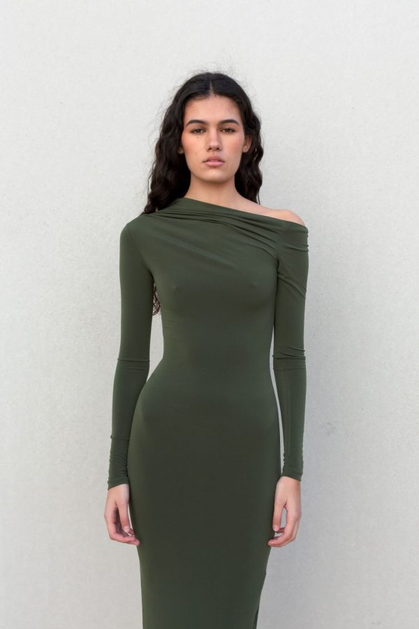 VESTIDO CAQUI ASIMETRICO MIDI - Imagen 4