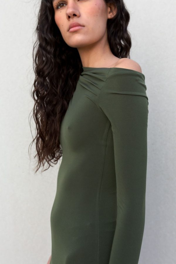 VESTIDO CAQUI ASIMETRICO MIDI - Imagen 3